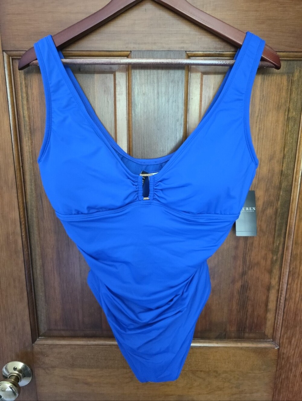 NWT Ralph Lauren Womens Plus Size 16W One Piece Shirred Swimsuit Blue